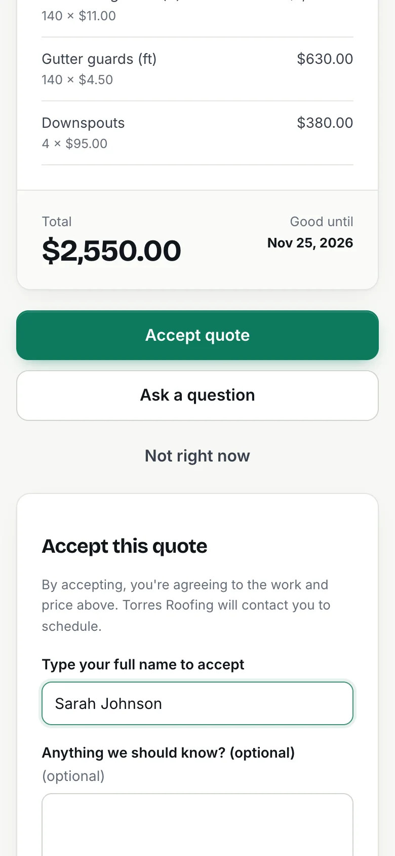 The customer accepting a quote by typing their name on a phone
