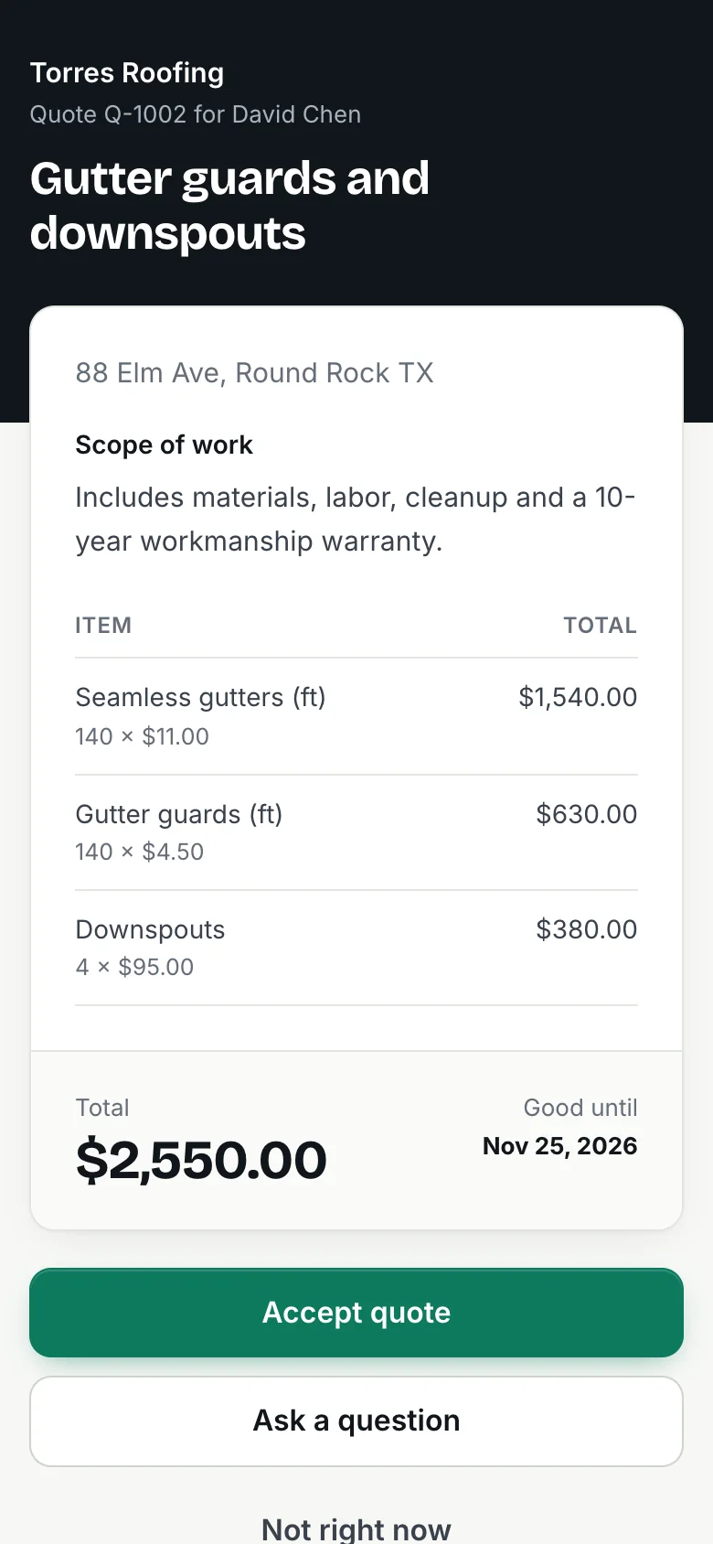 A customer's quote on a phone with Accept quote, Ask a question and Not right now buttons