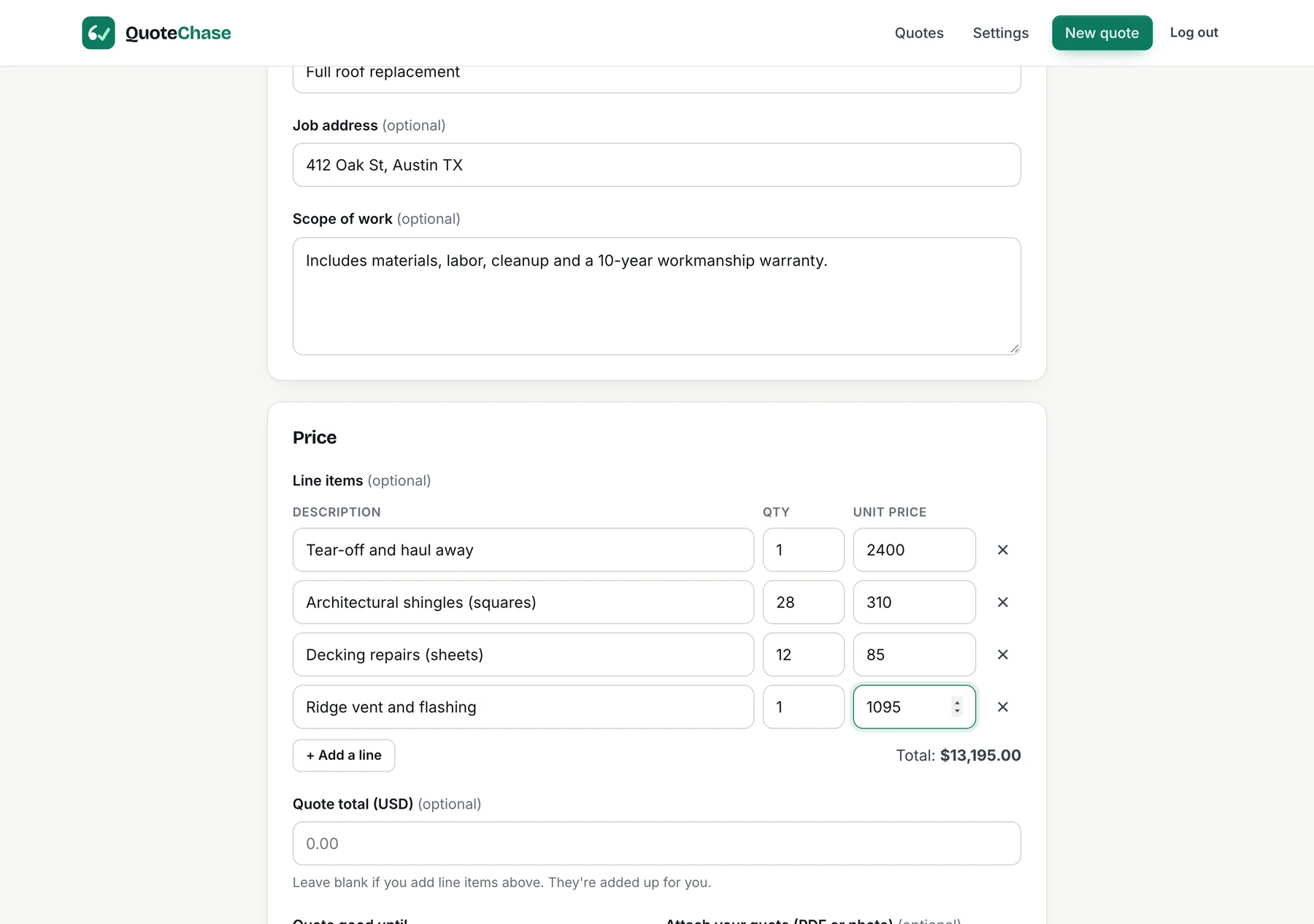 The new quote form with client details and line items adding up to a total