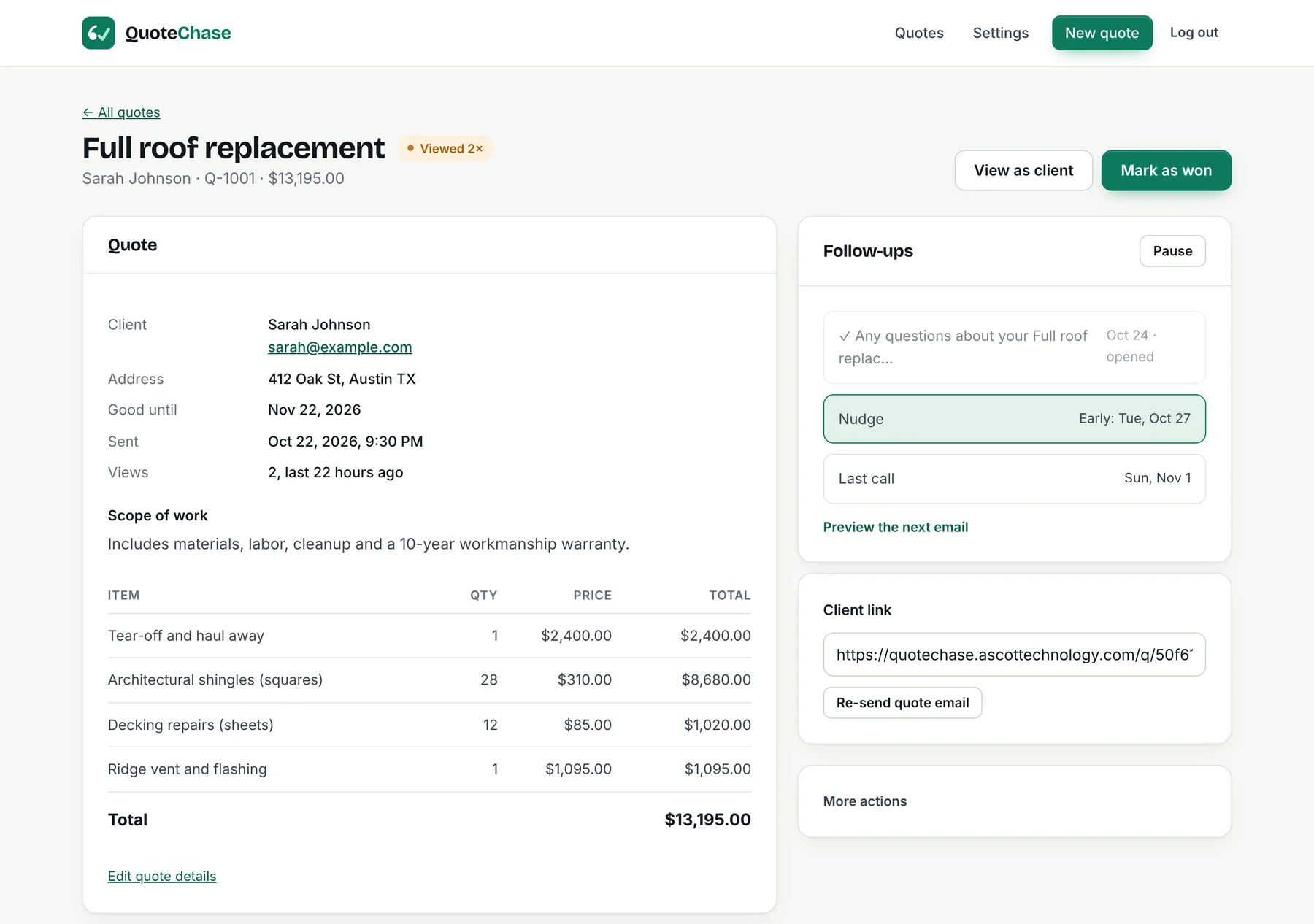 A quote's page showing the follow-up schedule, views and activity timeline